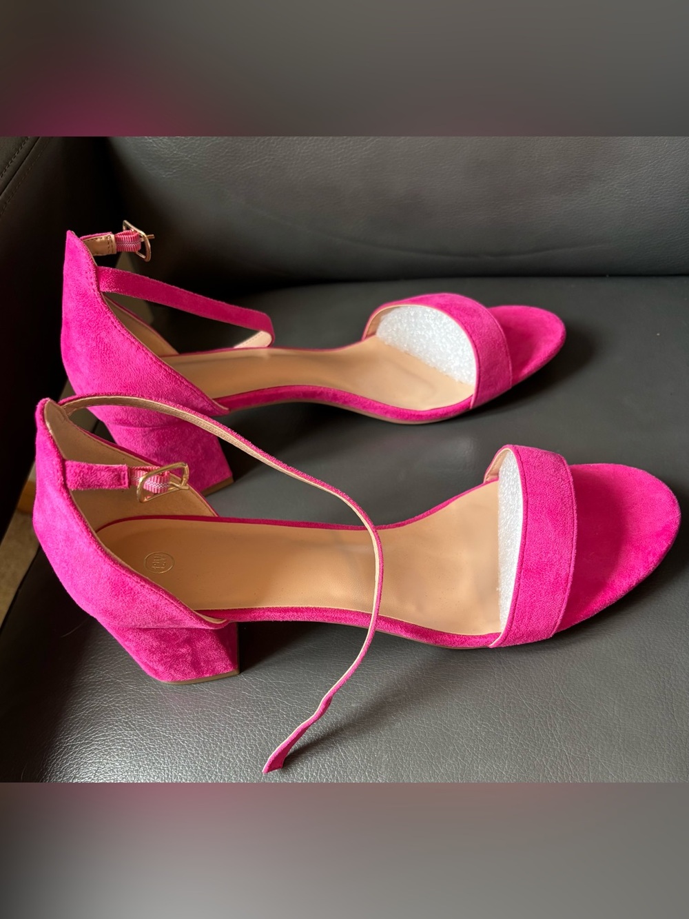 Fuchsia Suede Block Heel Sandals with Ankle Strap - comfortable and cute!